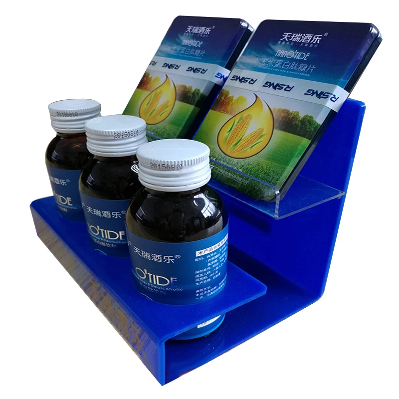 Factory custom desk counter blue 2 tiers pmma plexiglass medicine bottle display holder acrylic medicine bottle display stand
