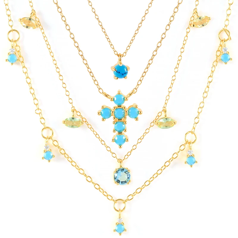 

ROXI 925 Silver jewelry Cross Waterdrop Turquoise Pendant Clavicle Chain Necklaces