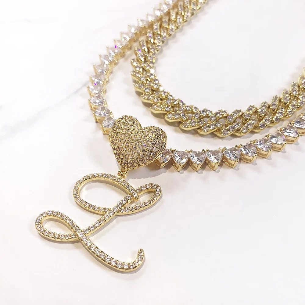 

2021 custom 26 English cursive initial name pendant tennis cuban chain pendant necklace, Silver,gold