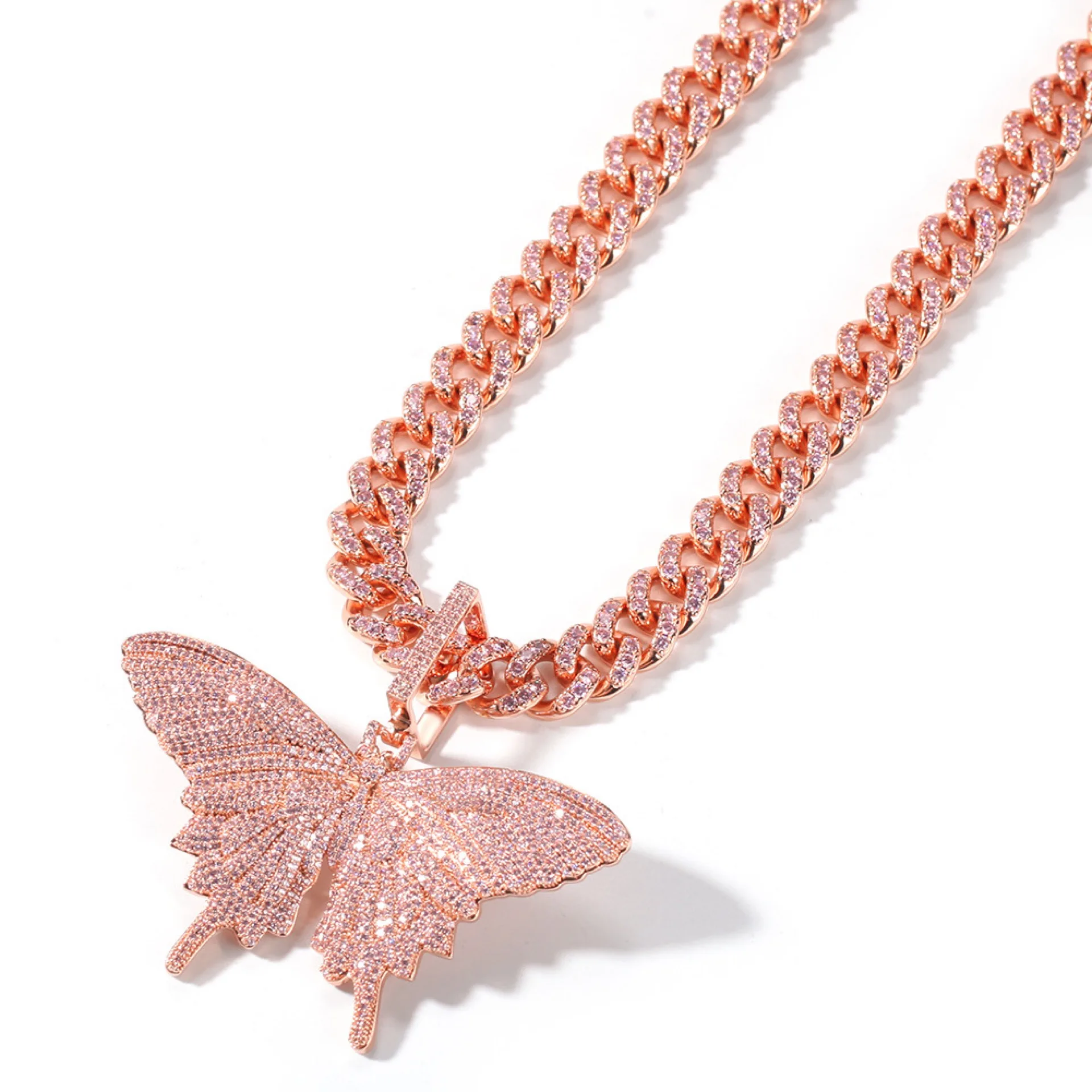 2020 Tiktok High Quality Rose Gold Micro Pave Pink CZ Cubin Zircon Butterfly Necklace Iced Out Solid Miami Cuban Link Chain
2020 Tiktok High Quality Rose Gold Micro Pave Pink CZ Cubin Zircon Butterfly Necklace Iced Out Solid Miami Cuban Link Chain