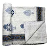Indian Bagru Print Floral Design Handmade Hand Knitted Kantha Bed Cover Queen Size