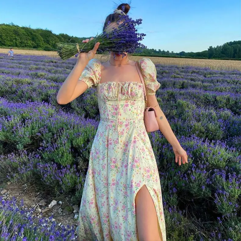 New Women's Floral Casual Dresses Summer Hot Style Fashion Puff Sleeve Dress High Split Lace Square Collar Elegant Dresses, As picture
New Women's Floral Casual Dresses Summer Hot Style Fashion Puff Sleeve Dress High Split Lace Square Collar Elegant Dresses, As picture