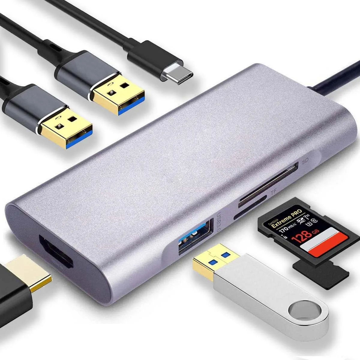 7in1 USB C Hub 3x USB 3.0 4K MD USB-C Oplader SD/TF Kaart Power USB C HUB TYPE C, Black / grey
7in1 USB C Hub 3x USB 3.0 4K MD USB-C Oplader SD/TF Kaart Power USB C HUB TYPE C, Black / grey