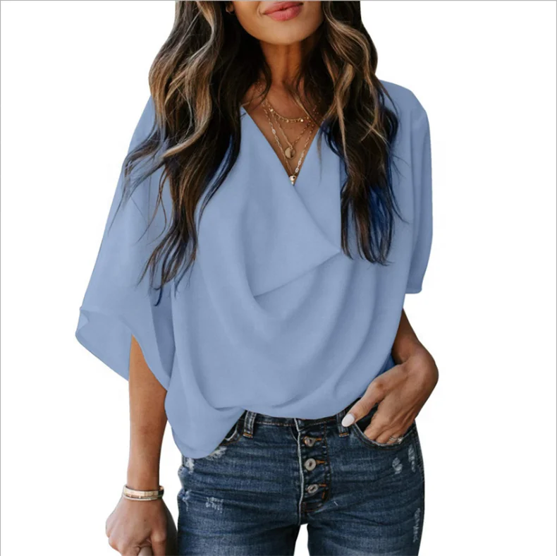 Wholesale Chiffon Woman Half Sleeve Loose Blouse,Solid V Neck Chiffon Woman Causal Top, Picture
Wholesale Chiffon Woman Half Sleeve Loose Blouse,Solid V Neck Chiffon Woman Causal Top, Picture
