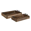 Rustic Solid Wood Nesting 2 Piece Ottoman Coffee Table Tray with Metal Handles