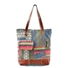 Women Travel Canvas Patchwork Tote Bag Leather Handle Cotton Shopping Tote Bag