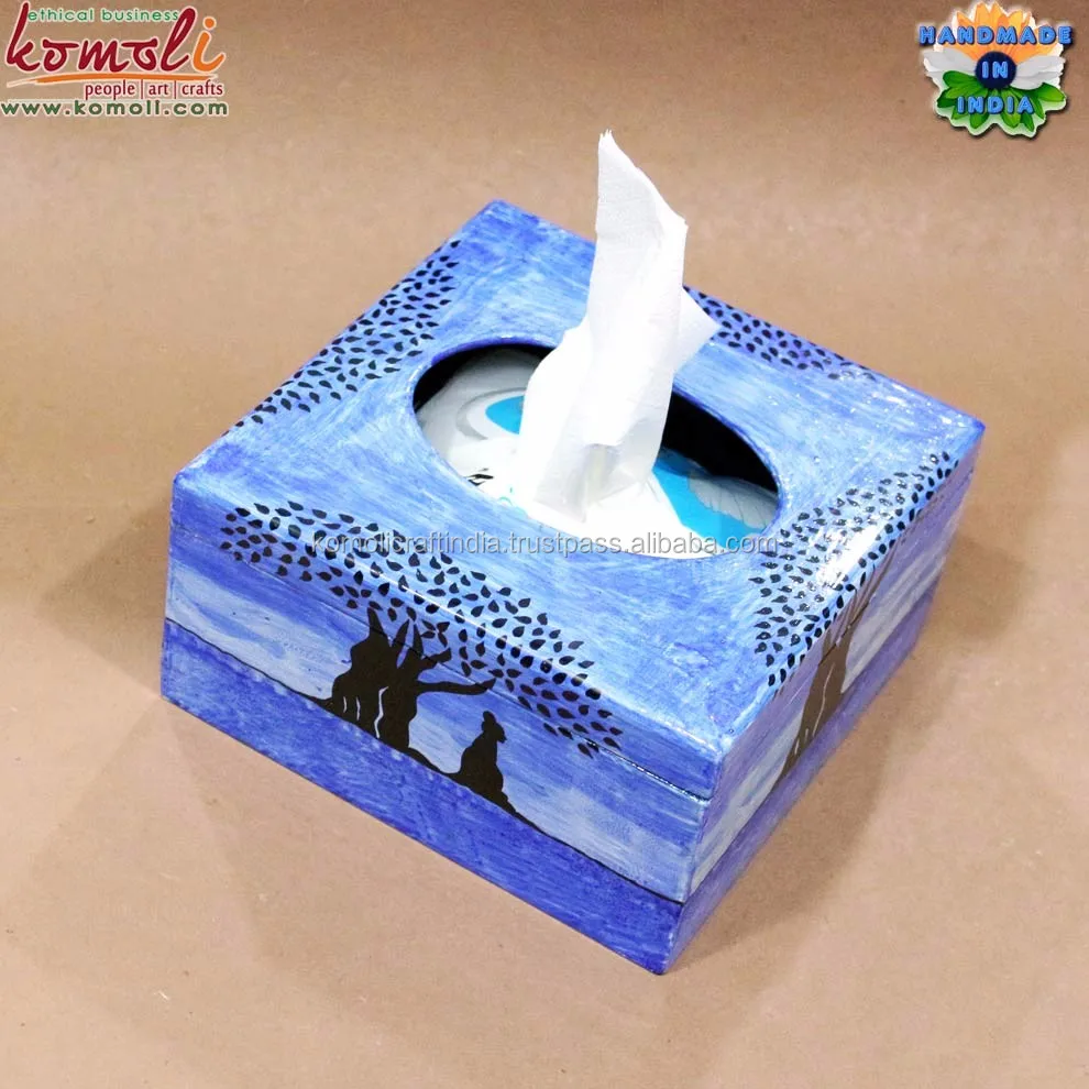 Blue Ocean Tree Large Tissue Box holder hand painted Komoli-26004-BL (1)