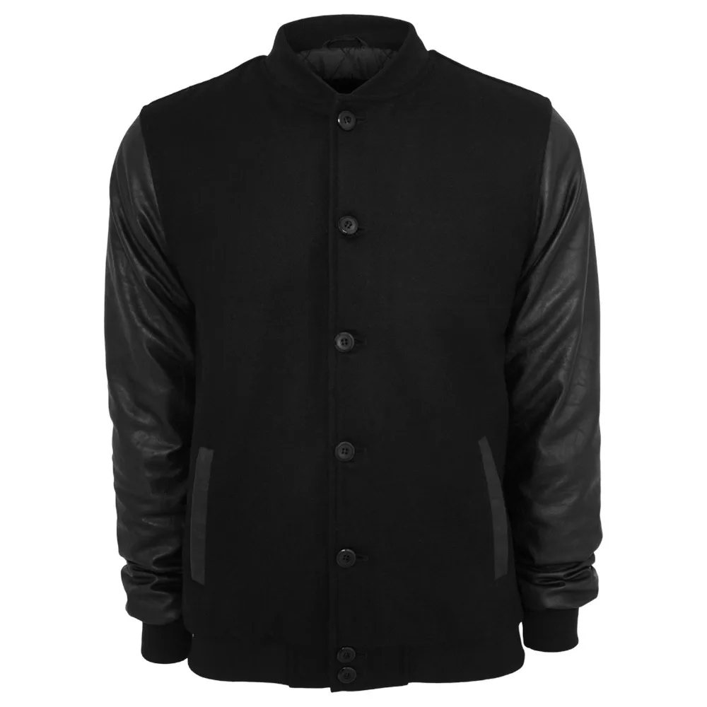 Hito Elegant Mens Fashion Classic Wool Classics Black Wool PU Leather Navy Button Jackets