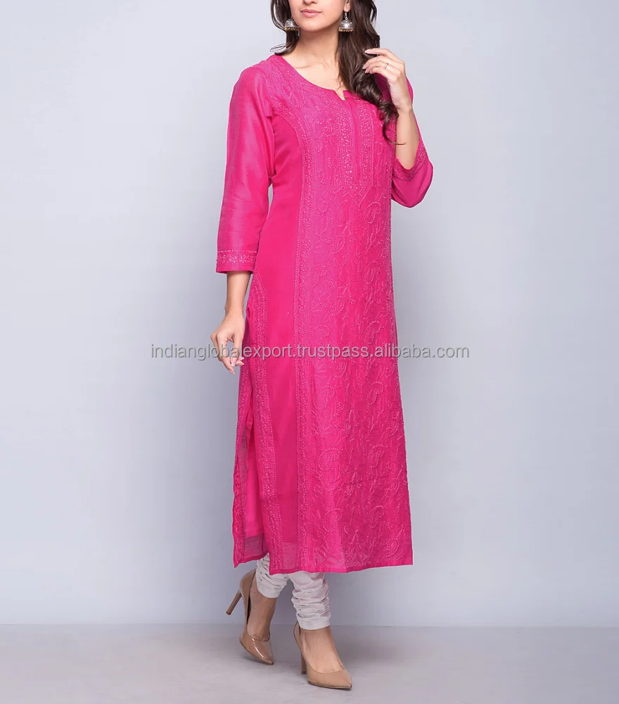Pink Silk Cotton Chikankari Long Kurta For Girls
