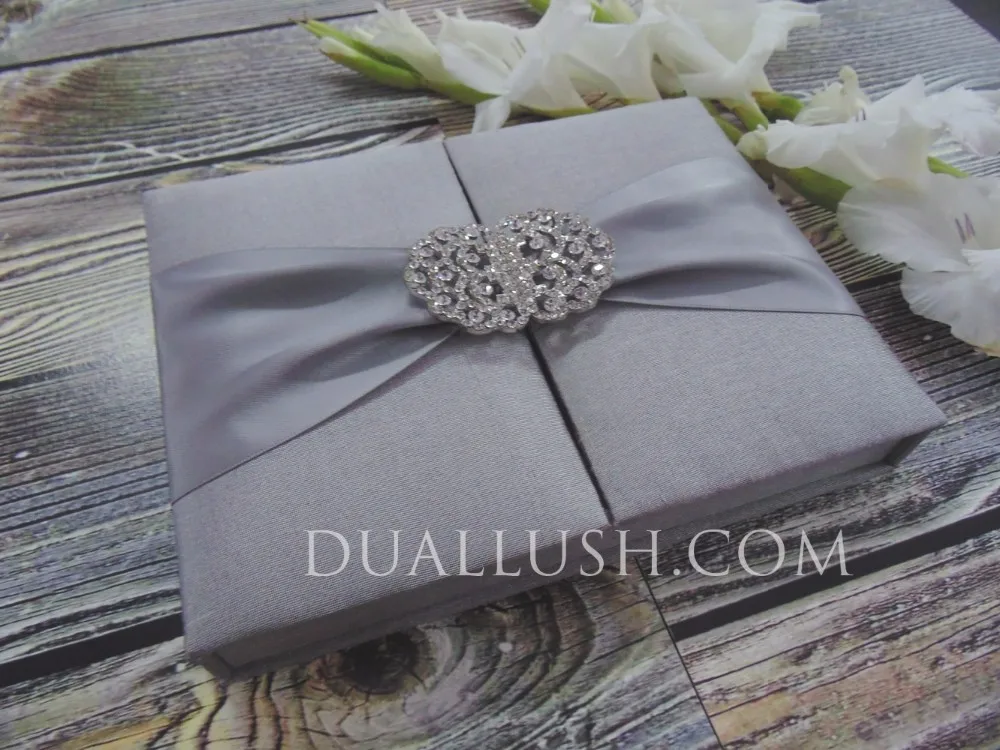 hot sale couture luxury silk wedding invitation box silver with