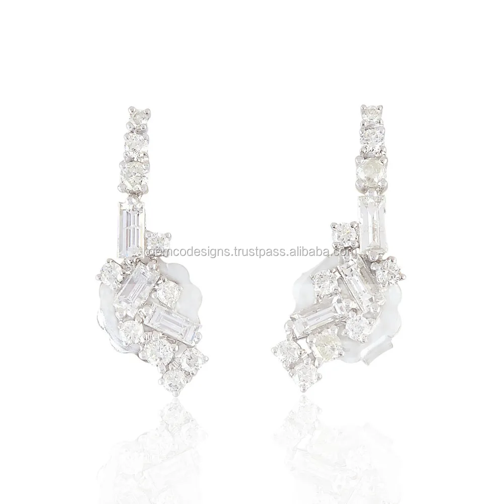 Baguette Diamond 18k Solid White Gold Designer Ear Climber Stud Earring Women's Jewelry