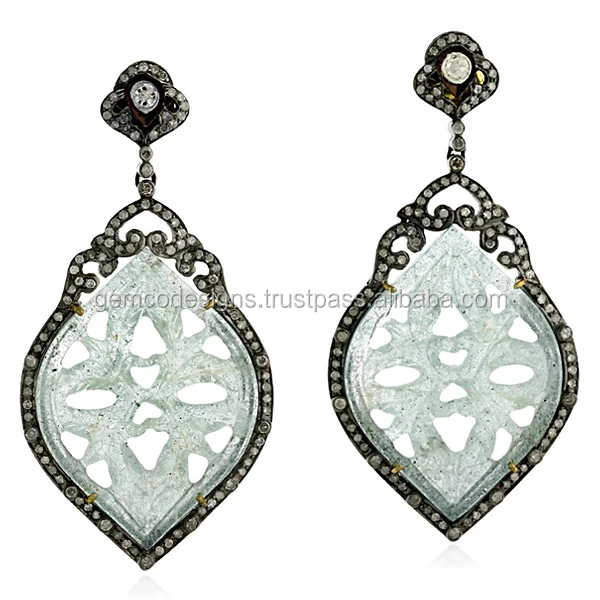 Gold 925 Sterling Silver Diamond Aquamarine Dangle Earring Carving Jewelry