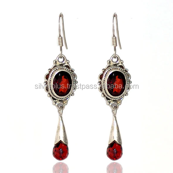 925 Sterling Silver Red Garnet Hook Earrings, Silver Gemstone Fine Earrings Manufacturer