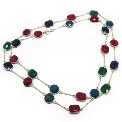 Excellent Ruby_Emerald_Sapphire 925 Sterling Silver Beads Gemstone Necklace, Silver Jewelry Wholesaler, Online Silver Jewelry