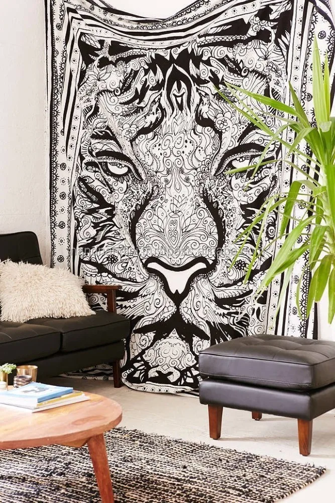 Indian Tiger black and white Mandala Tapestry Hippie Bohemian Queen Wall tapestry Bedspread Throw Decor Indian tapestry