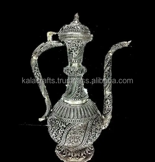Metal Mane Jug Surai Indian Handicrafts white metal Silver Plated Metal Carving