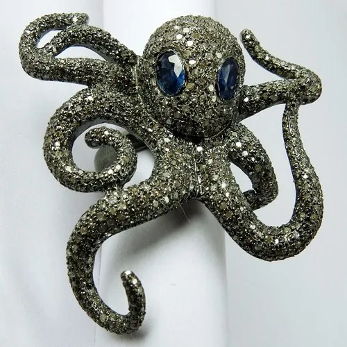 Just Perfect !! Octopus Design Blue Sapphire & Diamond 925 Sterling Silver Ring, Fine Silver Jewelry, Silver Jewelry