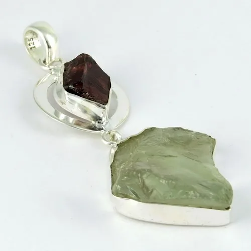 Precious Light Rough Stone Garnet_Green Amethyst 925 Sterling Silver Pendant, Raw Silver Jewelry, Silver Jewelry