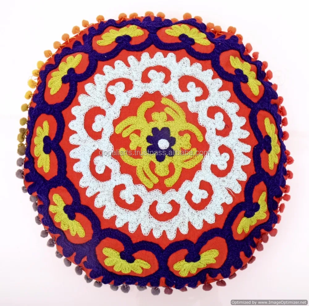 Suzani Embroidered Cushion Round Pillow Covers mandala rounded cushion cover