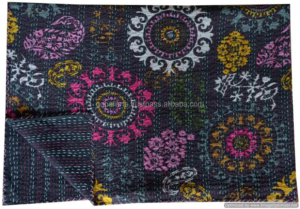 90 "X 60" Schwarz Gefärbt Suzani Design Muster Kantha Quilt Rajasthani Ralli Gudari Twin Textil Bettdecke Bettdecke Werfen indische