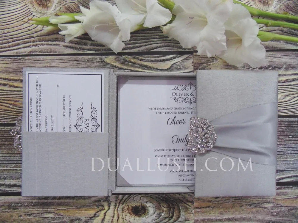 hot sale couture luxury silk wedding invitation box silver with