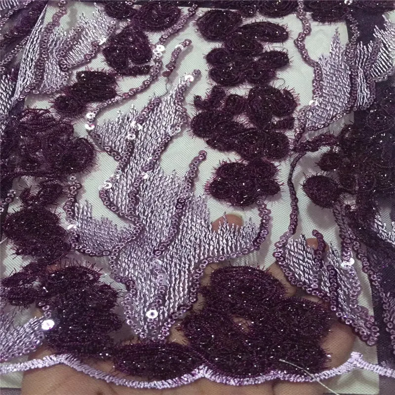 

HFX Purple Nigeria Party Dress African French Tulle Sequin Embroidery Net Lace Fabric For Lady