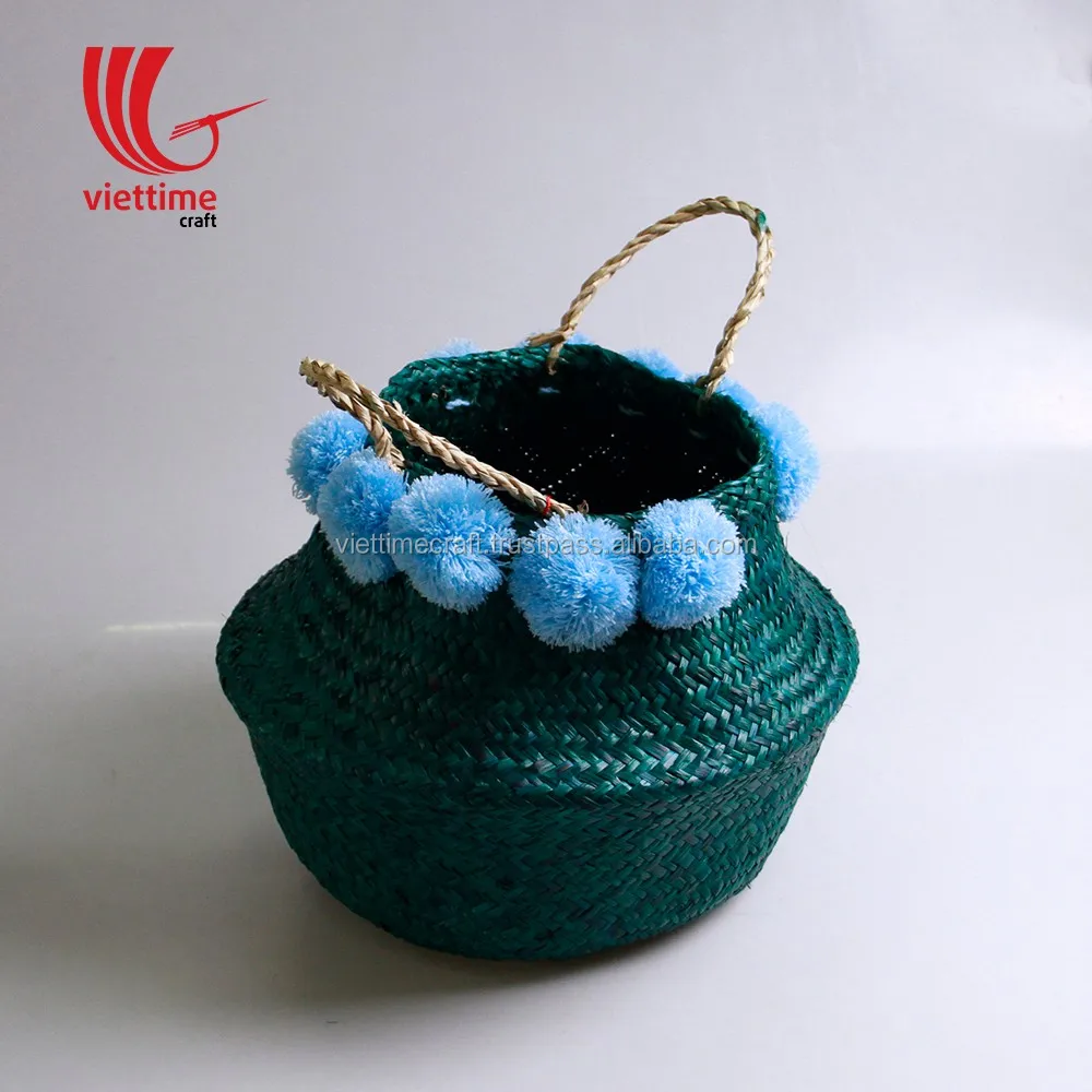 belly basket with silver sequins/ home decor/ seagrass storage