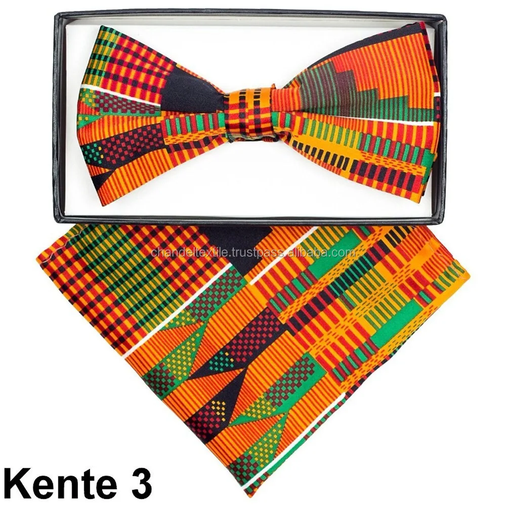 mens african kente bow tie with pocket kerchief set, adjustable