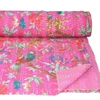 Cotton Quilt Reversible Bedspread Queen Blanket Pink Bird Print Kantha Quilt