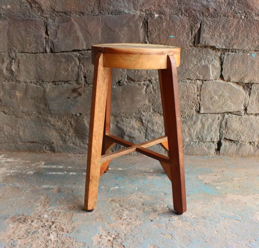 Vintage Antique Solid Reclaimed Wood Small Round Stool