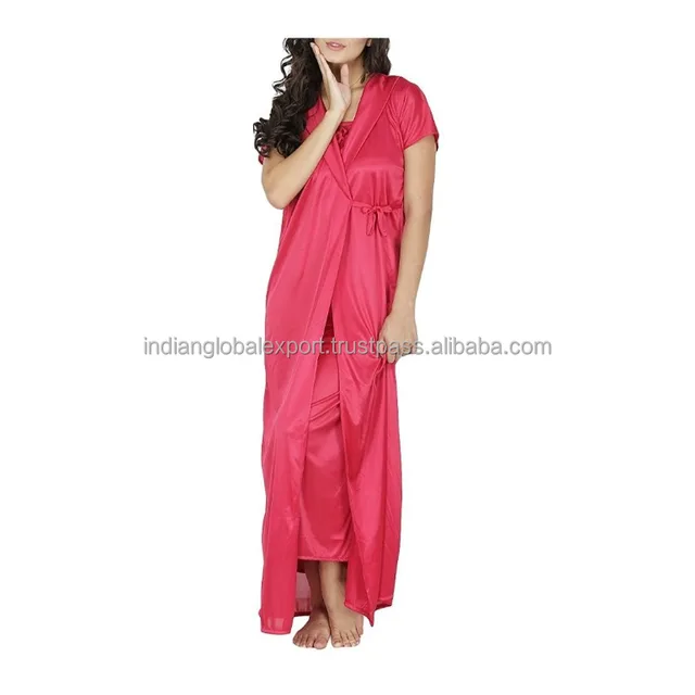 woman long robe nightwear in satin with bikini set (cherry red)