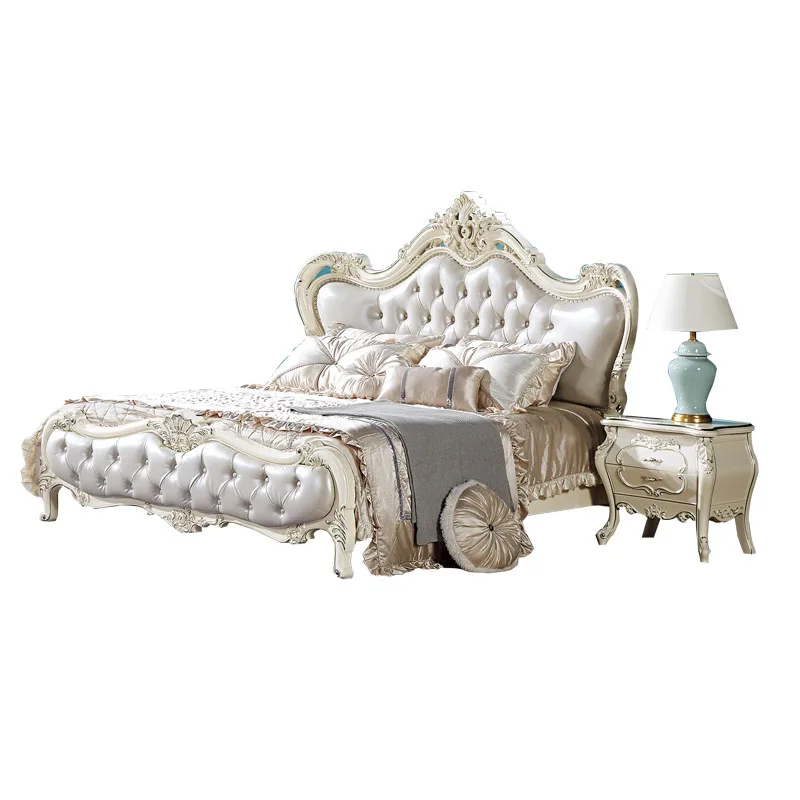 wood double bed designs with box European Antique Luxury Rococo Carved French wooden latest dubai leather bed room furniture