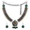 Green Color Glass Stone Oxidised Nepali Necklace With Earrings