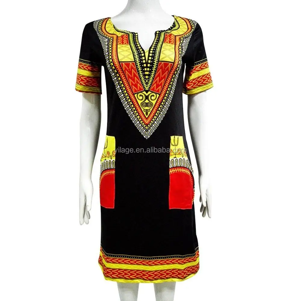 Traditional African Clothing Short Sleeve Dashiki Print Dress with Pockets