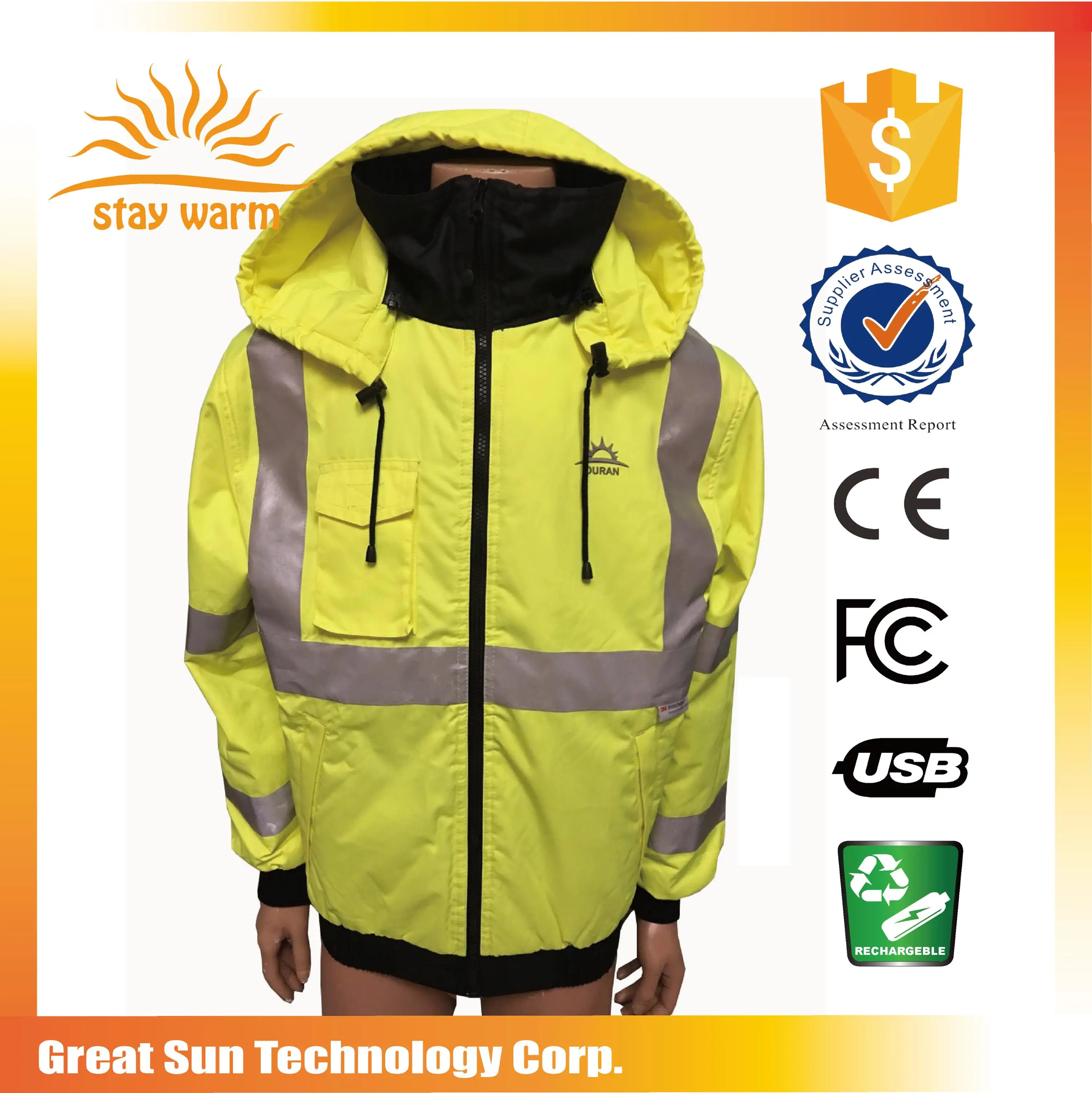 ANSI Approval Outdoor Quality High Visibility Reflective Safety heated Jacket From Taiwan Factory