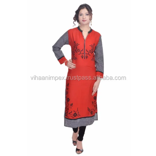 latest designer long kurtis rayon kurtis printed red kurta tunic