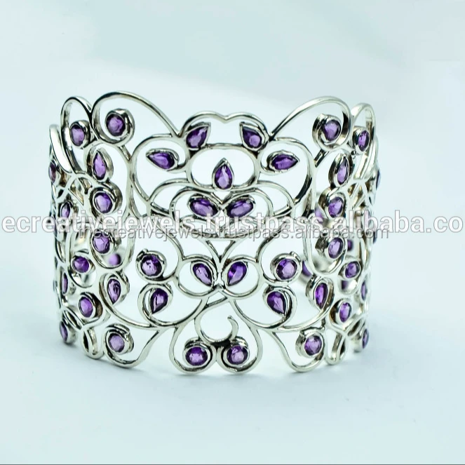 Designer Flower 925 Sterling Silver Cuff Bracelet in Amethyst