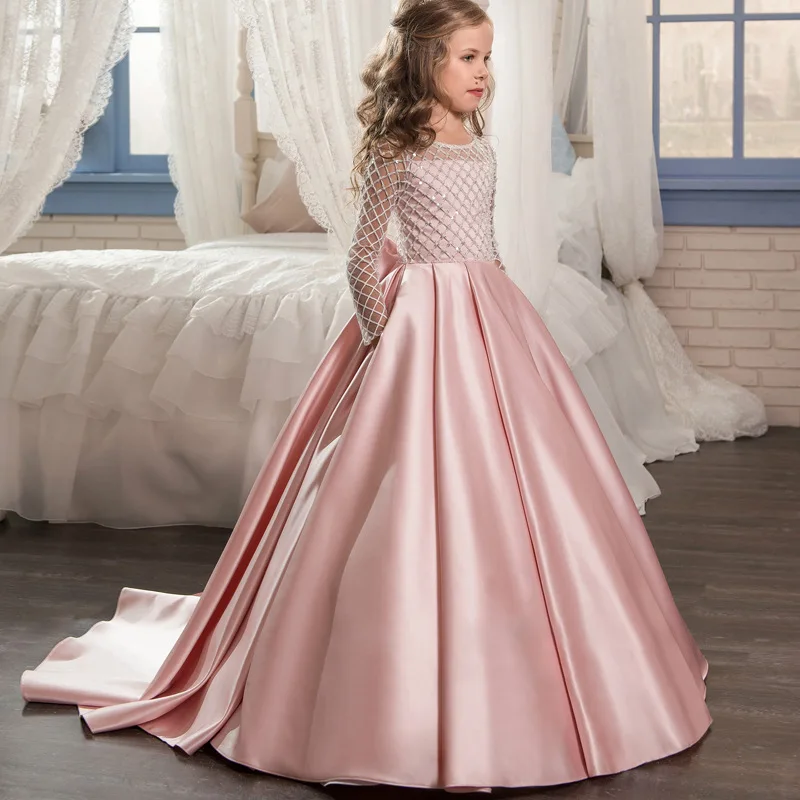 High Quality Lace Big Bow Pink Stain Little Girls Dresses For Wedding, 10 colors for choose 
High Quality Lace Big Bow Pink Stain Little Girls Dresses For Wedding, 10 colors for choose