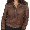 Front Pocket Brown Leather Bomber Jacket For Women