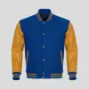 wholesale blank varsity satin bomber jacket sky blue wool and Athletic gold leather sleeves varsity jacket