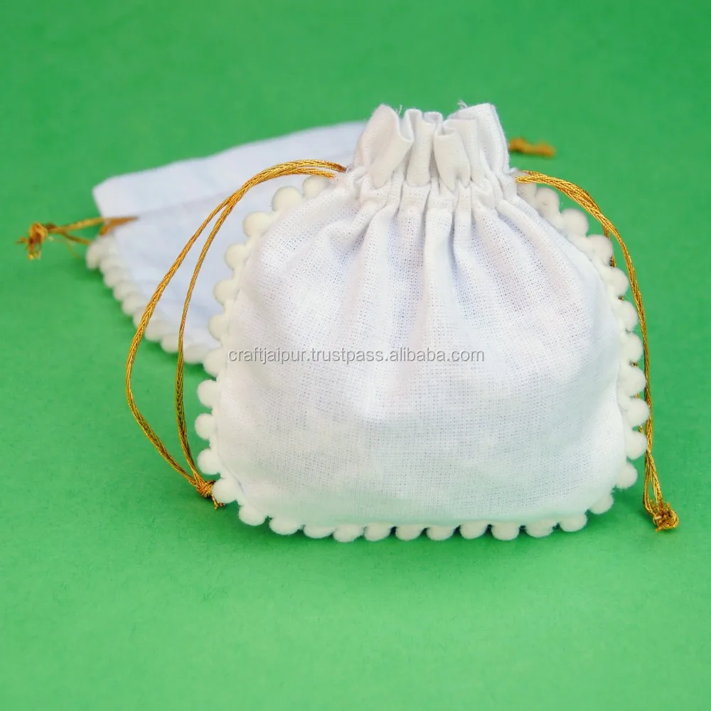 beautiful drawstring cotton round pom pom small gift bags