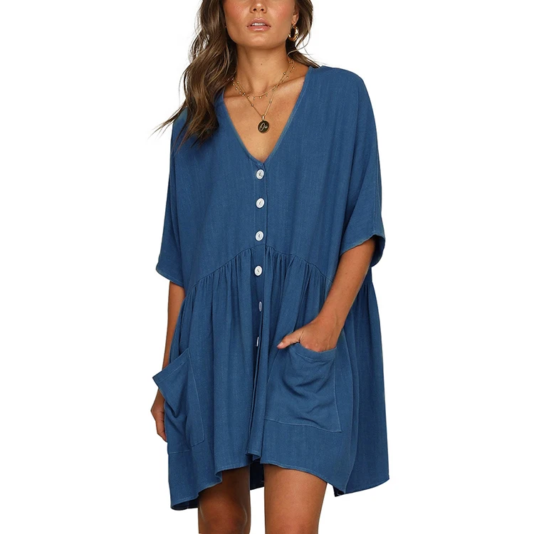 Women Casual Sky Blue Dress Buttons Front V Neck Summer Shift Dresses Solid Short 2019 Ladies Short Dress, As show
Women Casual Sky Blue Dress Buttons Front V Neck Summer Shift Dresses Solid Short 2019 Ladies Short Dress, As show