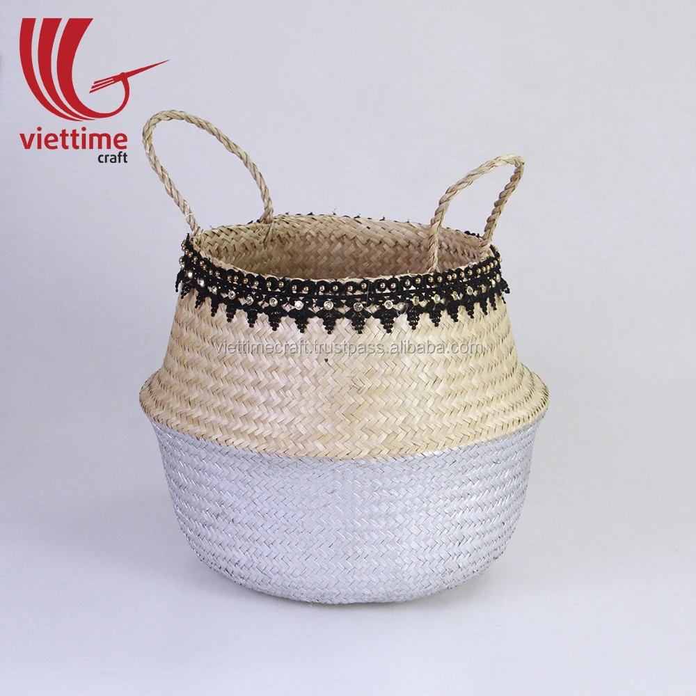 seagrass belly basket with black net macrame, seagrass laundry