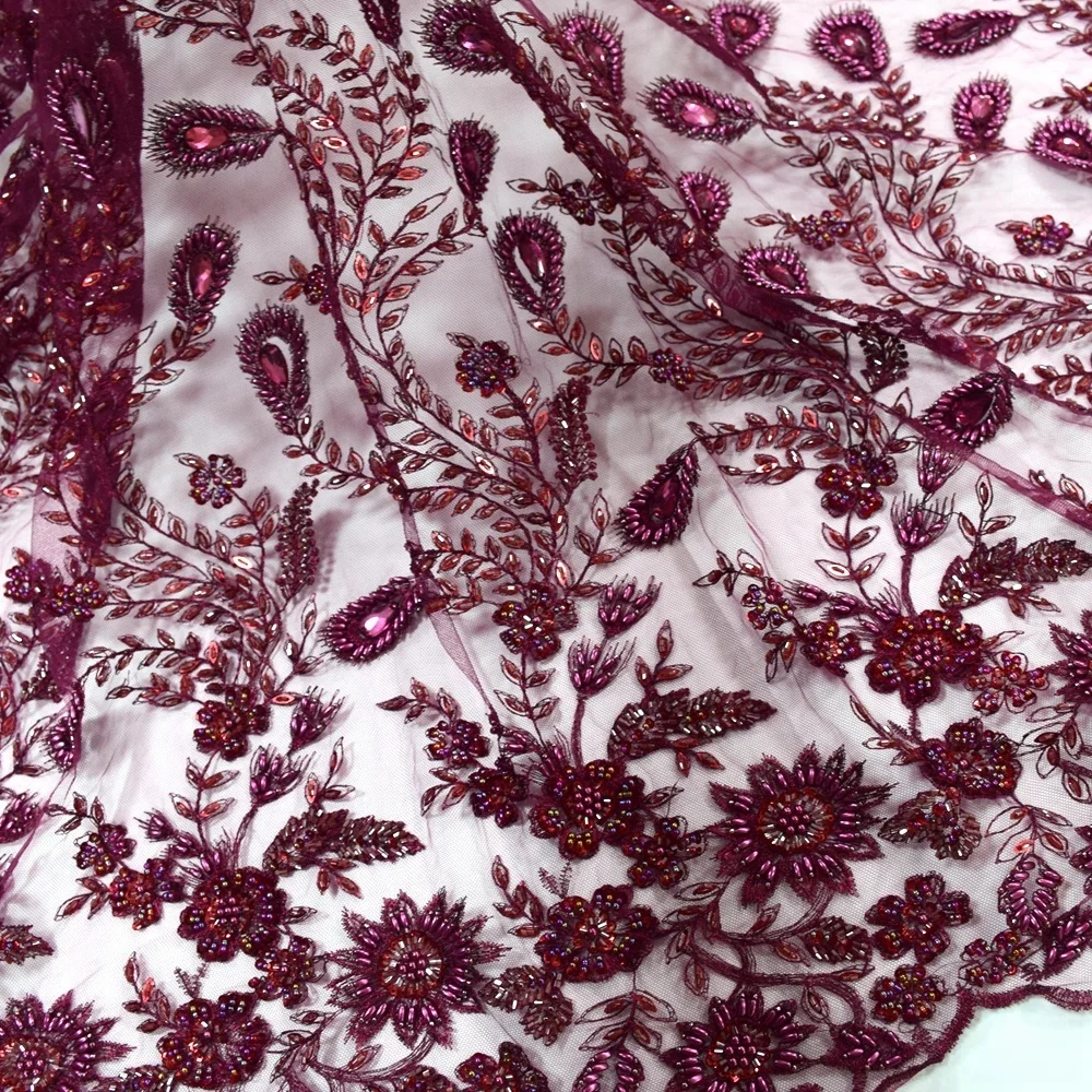 

French lace crystal beaded fabric wine red pearl beads embroidery designs african sequins tulle lace fabrics 5 yard HY0806-4
