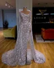 Women Sequin Fabric Evening Dress Shinny Silver Lace Fabric Prom Dresses Sexy Side Slit Long Sleeve Luxury Party Gown 2019