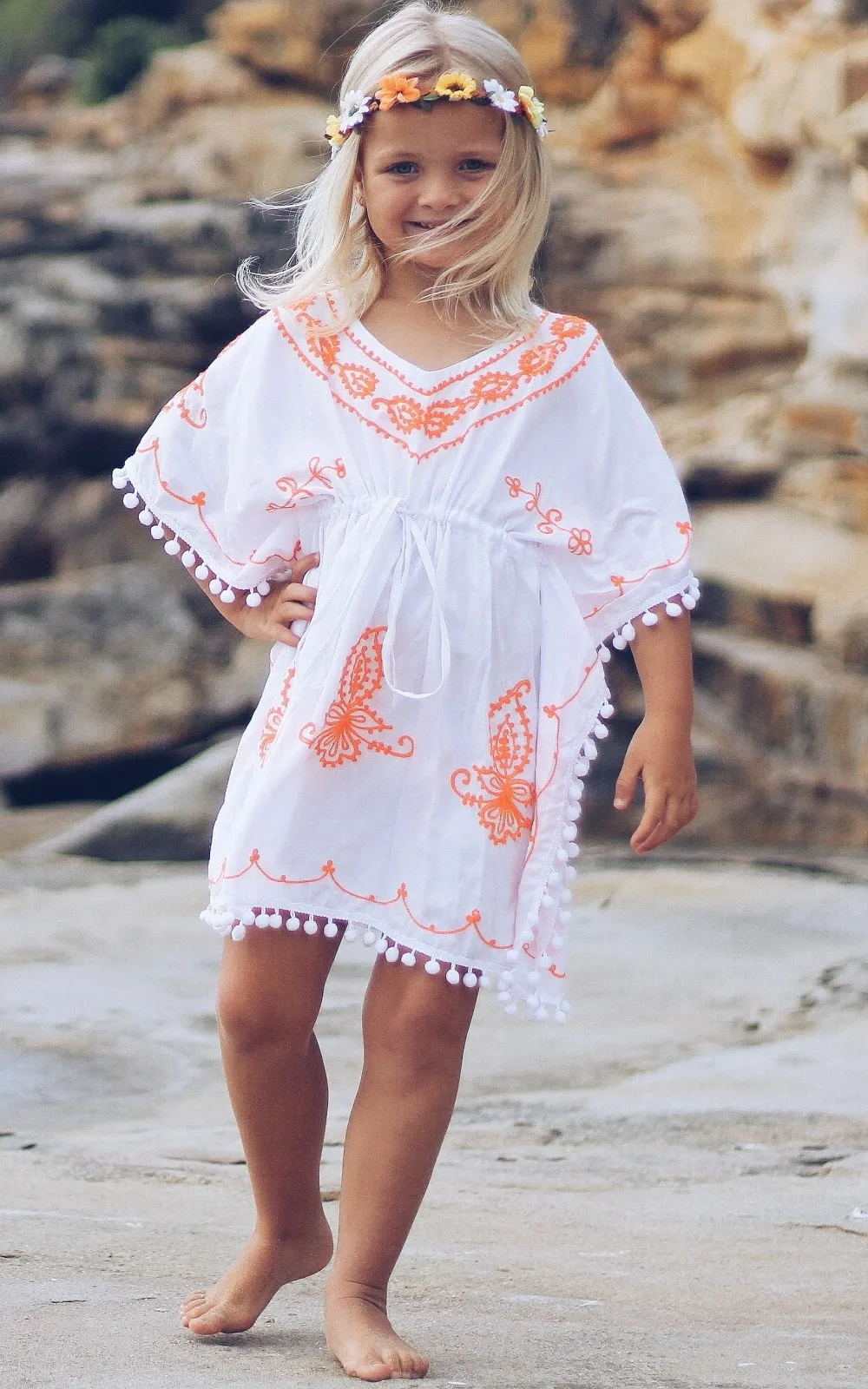 little girls dream white embroidered kids boho kaftan cute pom
