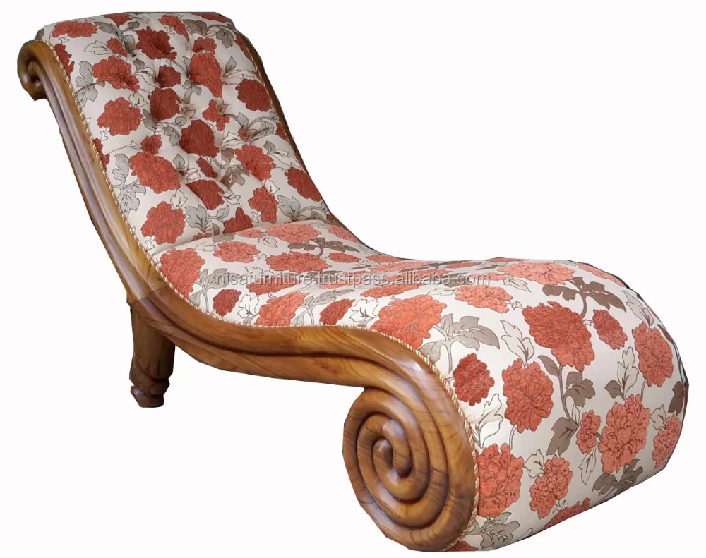 French Coaster Chaise Lounge with Fabric and Solid Teak Wood