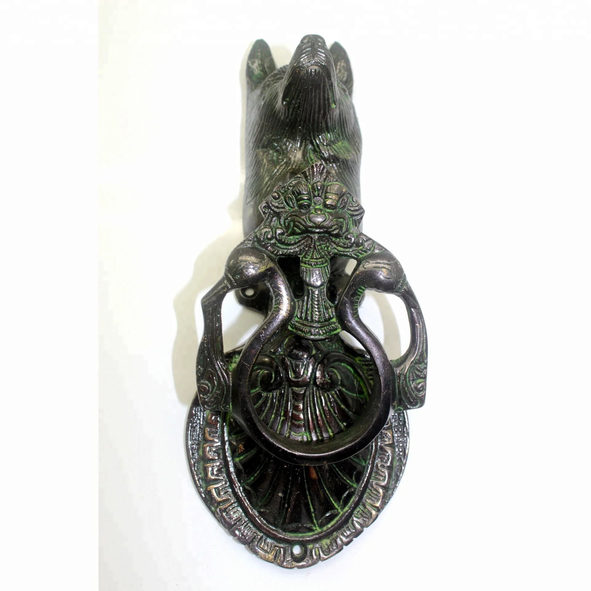 Intricate Carved Wolf Theme Brass Door Knocker Patina Finish