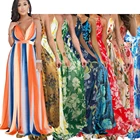 Multiple hawaiian design sexy v-neck sleeveless chiffon maxi skater swin dress for women