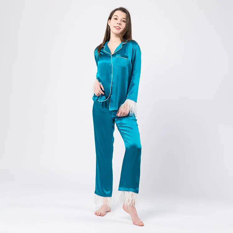 wholesale 2 pieces long lounge wear set custom woven sleepwear satin silk pyjamas women feather trim pj set
wholesale 2 pieces long lounge wear set custom woven sleepwear satin silk pyjamas women feather trim pj set